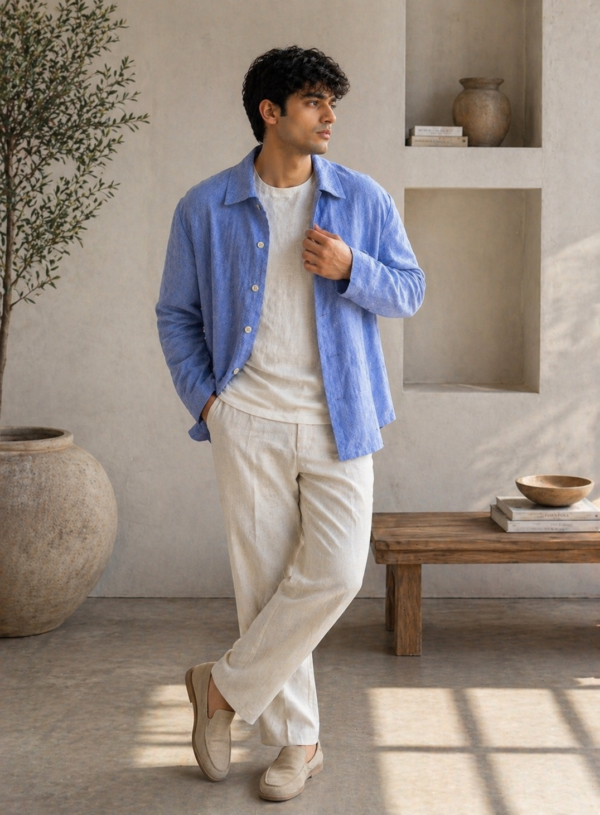 Men’s Light Blue Linen Shirt, Minimal Summer Outfit for Men, Casual Overshirt, Breathable Linen Clothing, Relaxed Fit Shirt, Resort Wear