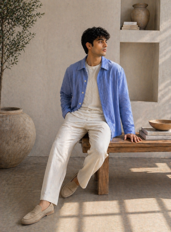 Men’s Light Blue Linen Shirt, Minimal Summer Outfit for Men, Casual Overshirt, Breathable Linen Clothing, Relaxed Fit Shirt, Resort Wear