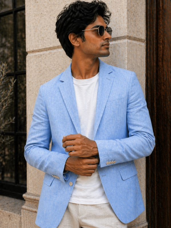 Men's Sky Blue Linen Blazer – Summer Sport Coat, Smart Casual Jacket, Beach Wedding Blazer
