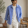 Men’s Light Blue Linen Shirt, Minimal Summer Outfit for Men, Casual Overshirt, Breathable Linen Clothing, Relaxed Fit Shirt, Resort Wear