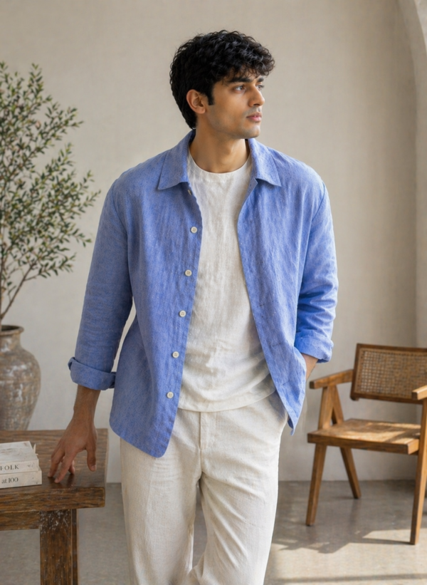 Men’s Light Blue Linen Shirt, Minimal Summer Outfit for Men, Casual Overshirt, Breathable Linen Clothing, Relaxed Fit Shirt, Resort Wear
