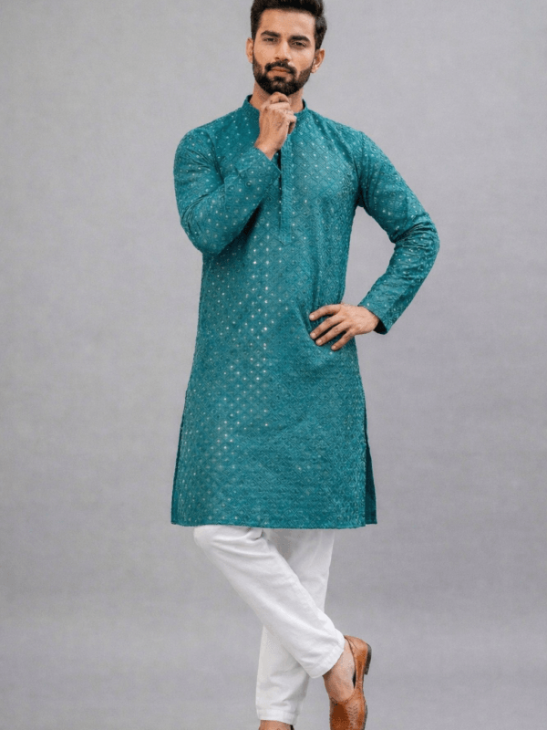 Teal Embroidered Kurta Pajama Set | Indian Wedding Outfit