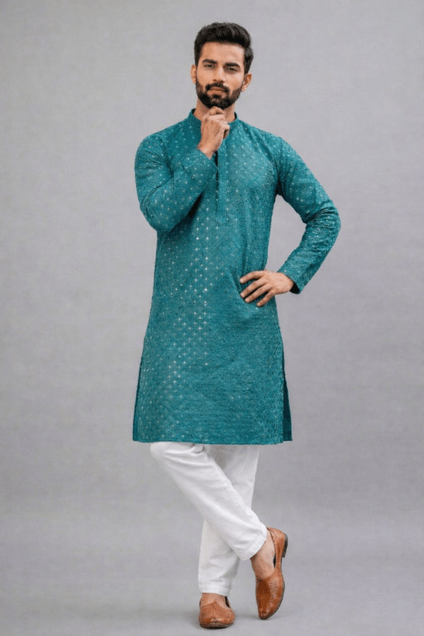 Teal Embroidered Kurta Pajama Set | Indian Wedding Outfit