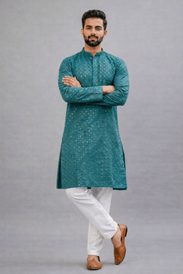 Teal Embroidered Kurta Pajama Set | Indian Wedding Outfit