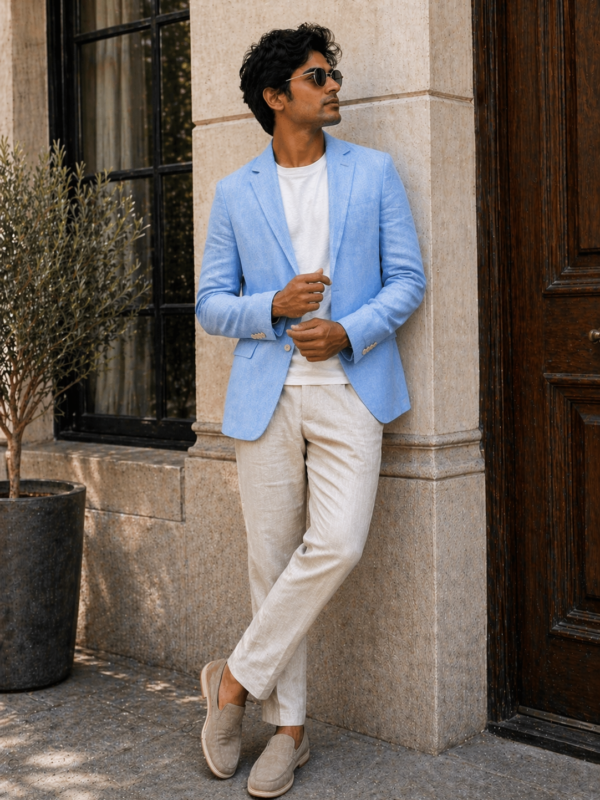 Men's Sky Blue Linen Blazer – Summer Sport Coat, Smart Casual Jacket, Beach Wedding Blazer
