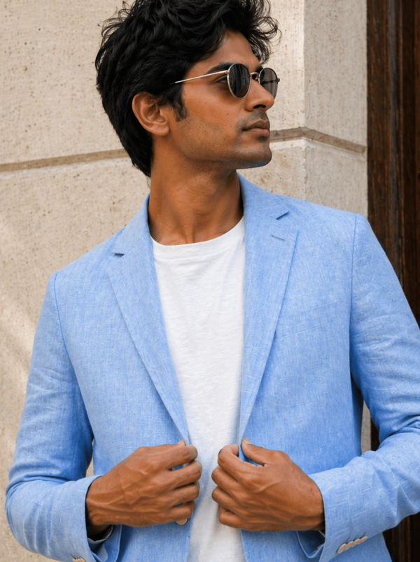 Men's Sky Blue Linen Blazer – Summer Sport Coat, Smart Casual Jacket, Beach Wedding Blazer