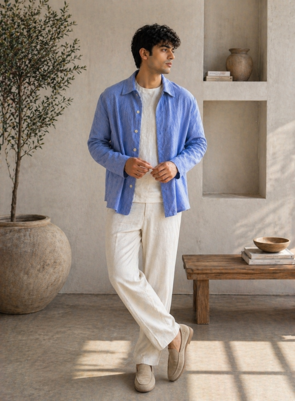 Men’s Light Blue Linen Shirt, Minimal Summer Outfit for Men, Casual Overshirt, Breathable Linen Clothing, Relaxed Fit Shirt, Resort Wear