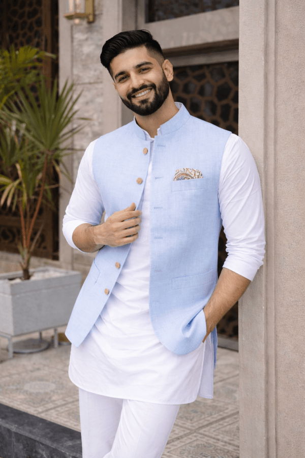 Light Blue Linen Nehru Jacket, Sky Blue Modi Waistcoat, Indian Wedding Ethnic Vest