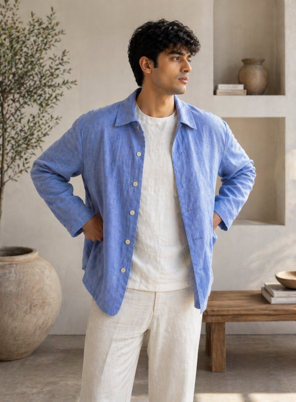 Men’s Light Blue Linen Shirt, Minimal Summer Outfit for Men, Casual Overshirt, Breathable Linen Clothing, Relaxed Fit Shirt, Resort Wear