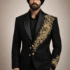 Black Gold Floral Embroidered Blazer | Luxury Shawl Lapel Men's Formal Jacket