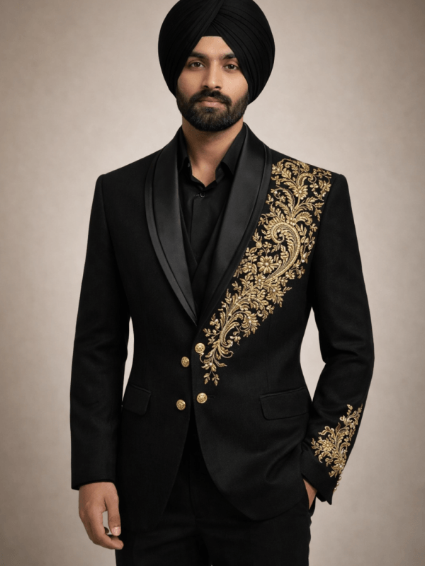 Black Gold Floral Embroidered Blazer | Luxury Shawl Lapel Men's Formal Jacket