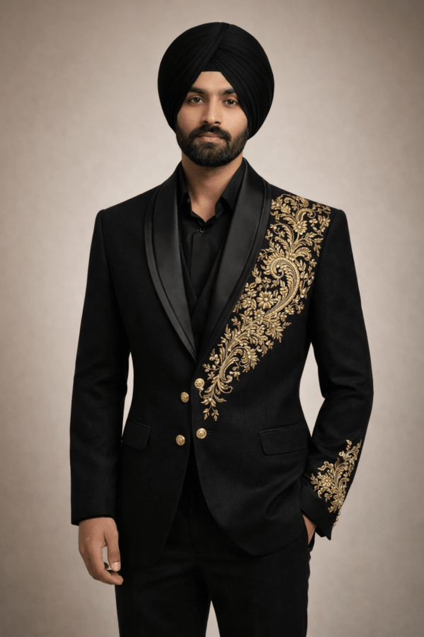 Black Gold Floral Embroidered Blazer | Luxury Shawl Lapel Men's Formal Jacket