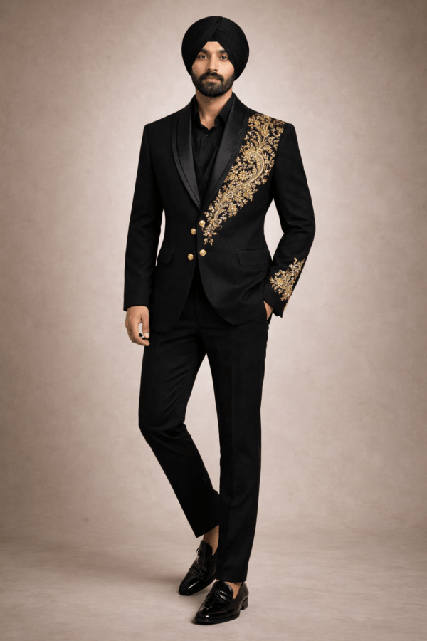 Black Gold Floral Embroidered Blazer | Luxury Shawl Lapel Men's Formal Jacket