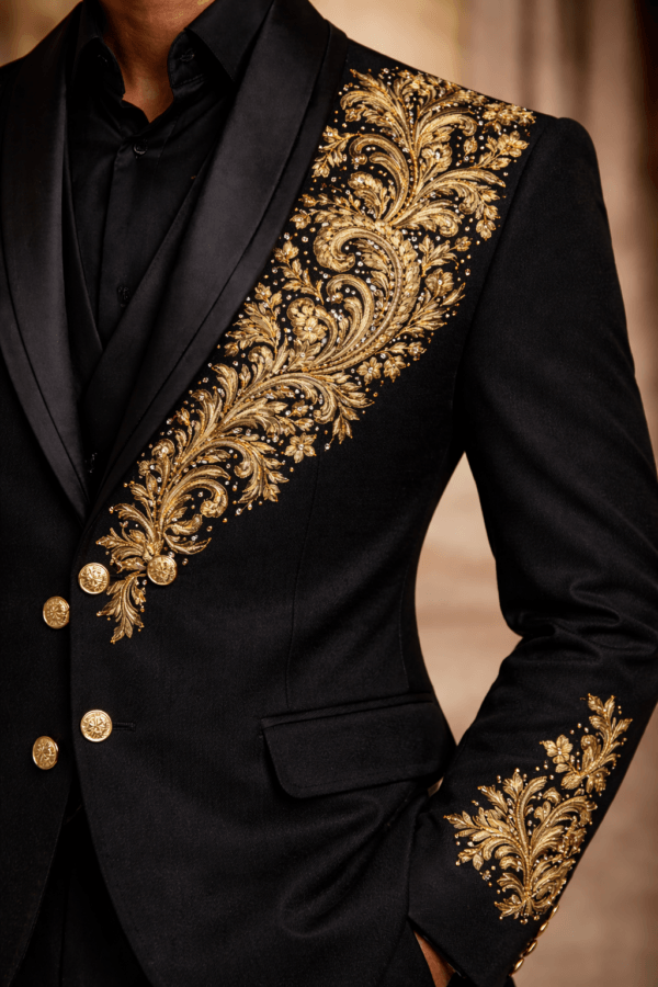 Black Gold Floral Embroidered Blazer | Luxury Shawl Lapel Men's Formal Jacket