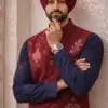 Men’s Maroon Nehru Jacket with Gold Embroidery – Wedding & Festive Ethnic Waistcoat