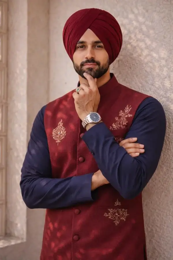 Men’s Maroon Nehru Jacket with Gold Embroidery – Wedding & Festive Ethnic Waistcoat