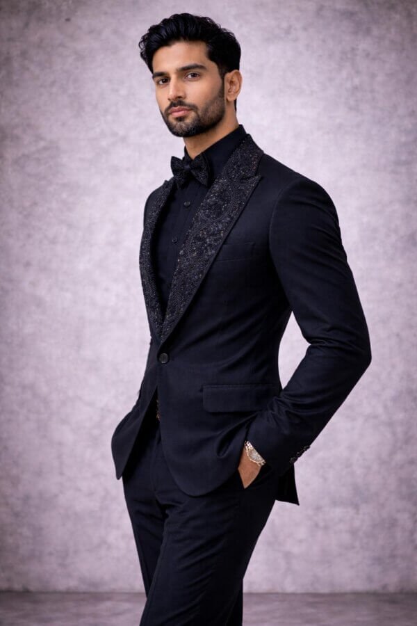 Black Embroidered Tuxedo Suit – Slim Fit Formal Wedding Blazer