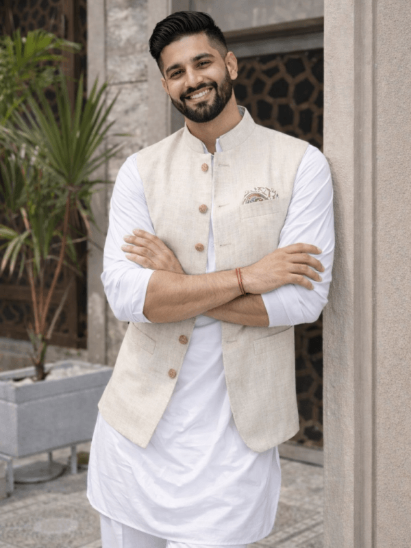 Beige Linen Nehru Jacket, Men's Modi Waistcoat, Indian Wedding Ethnic Vest