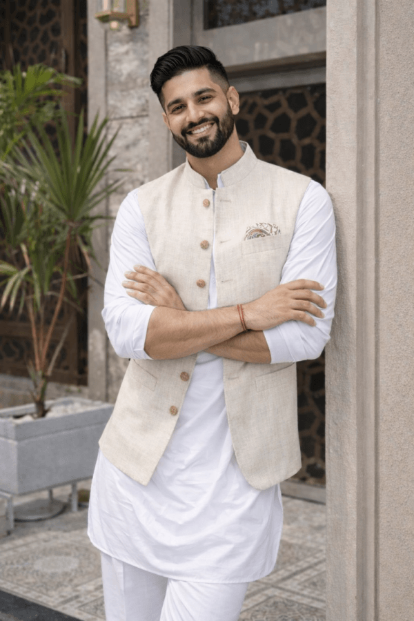 Beige Linen Nehru Jacket, Men's Modi Waistcoat, Indian Wedding Ethnic Vest
