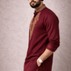Maroon Embroidered Kurta Men's Festive Indian Wedding Attire Gold Thread Neckline Detail