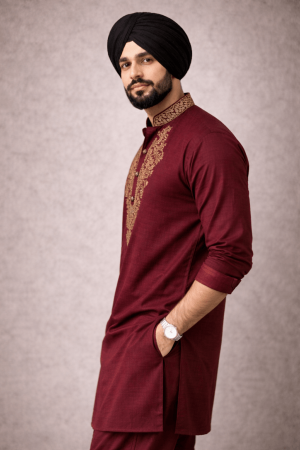 Maroon Embroidered Kurta Men's Festive Indian Wedding Attire Gold Thread Neckline Detail
