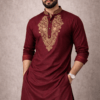 Maroon Embroidered Kurta Men's Festive Indian Wedding Attire Gold Thread Neckline Detail