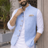 Light Blue Linen Nehru Jacket, Sky Blue Modi Waistcoat, Indian Wedding Ethnic Vest