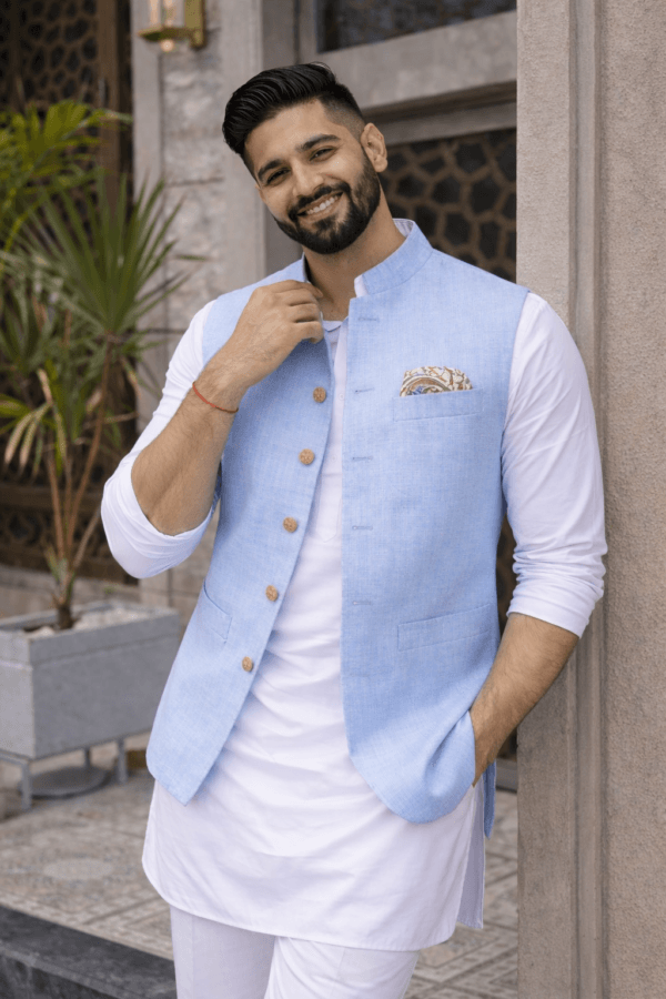 Light Blue Linen Nehru Jacket, Sky Blue Modi Waistcoat, Indian Wedding Ethnic Vest