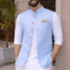 Light Blue Linen Nehru Jacket, Sky Blue Modi Waistcoat, Indian Wedding Ethnic Vest