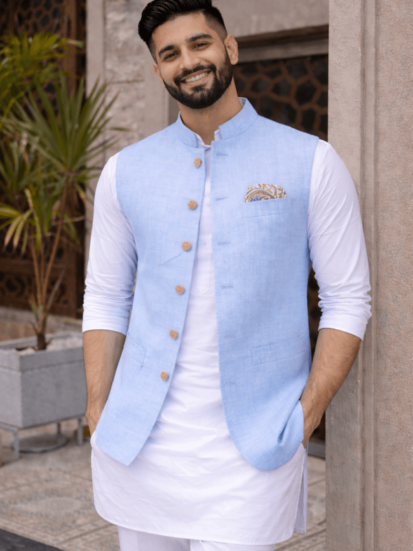Light Blue Linen Nehru Jacket, Sky Blue Modi Waistcoat, Indian Wedding Ethnic Vest