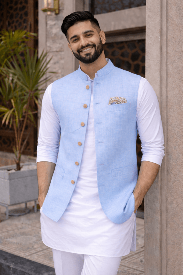 Light Blue Linen Nehru Jacket, Sky Blue Modi Waistcoat, Indian Wedding Ethnic Vest