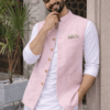 Light Pink Linen Nehru Jacket, Pastel Modi Waistcoat, Groom Wedding Ethnic Vest