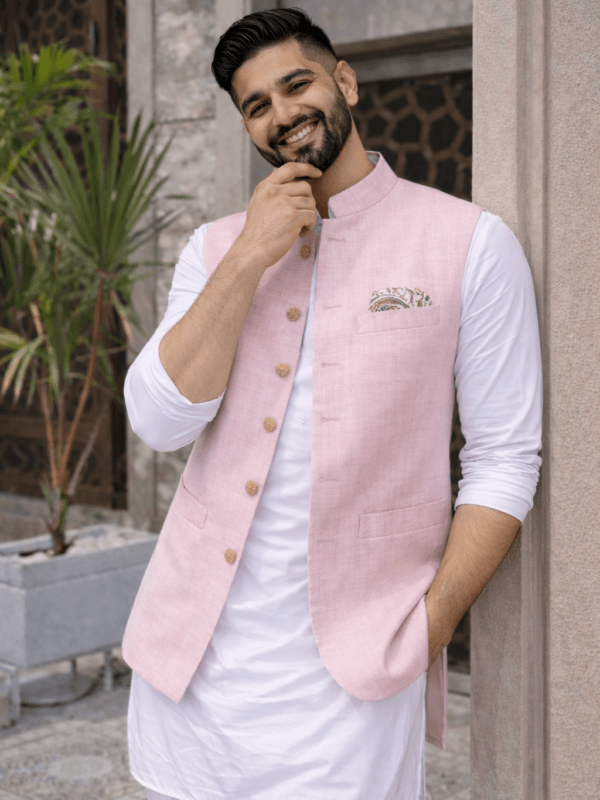 Light Pink Linen Nehru Jacket, Pastel Modi Waistcoat, Groom Wedding Ethnic Vest