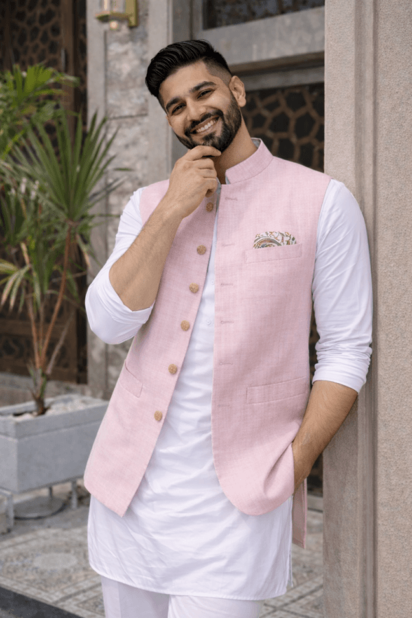Light Pink Linen Nehru Jacket, Pastel Modi Waistcoat, Groom Wedding Ethnic Vest