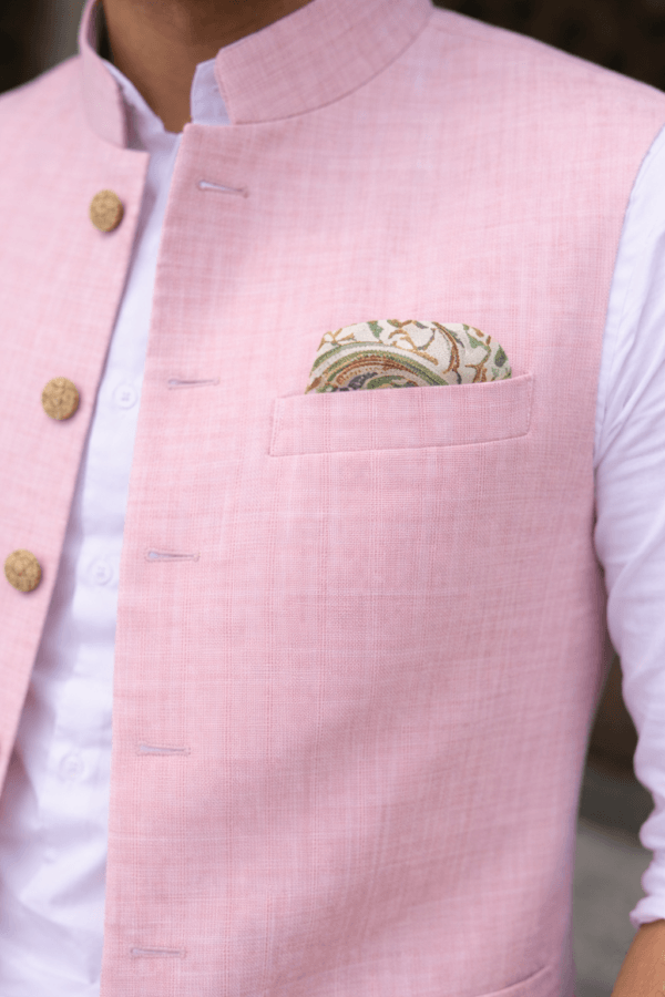 Light Pink Linen Nehru Jacket, Pastel Modi Waistcoat, Groom Wedding Ethnic Vest