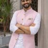 Light Pink Linen Nehru Jacket, Pastel Modi Waistcoat, Groom Wedding Ethnic Vest