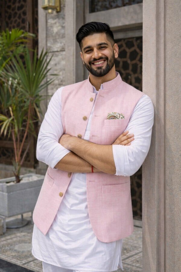 Light Pink Linen Nehru Jacket, Pastel Modi Waistcoat, Groom Wedding Ethnic Vest