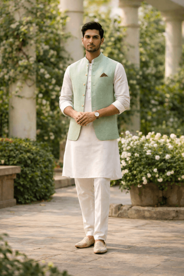 Men’s Mint Green Nehru Jacket – Premium Linen Ethnic Wear for Weddings & Festive Occasions