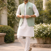 Men’s Mint Green Nehru Jacket – Premium Linen Ethnic Wear for Weddings & Festive Occasions