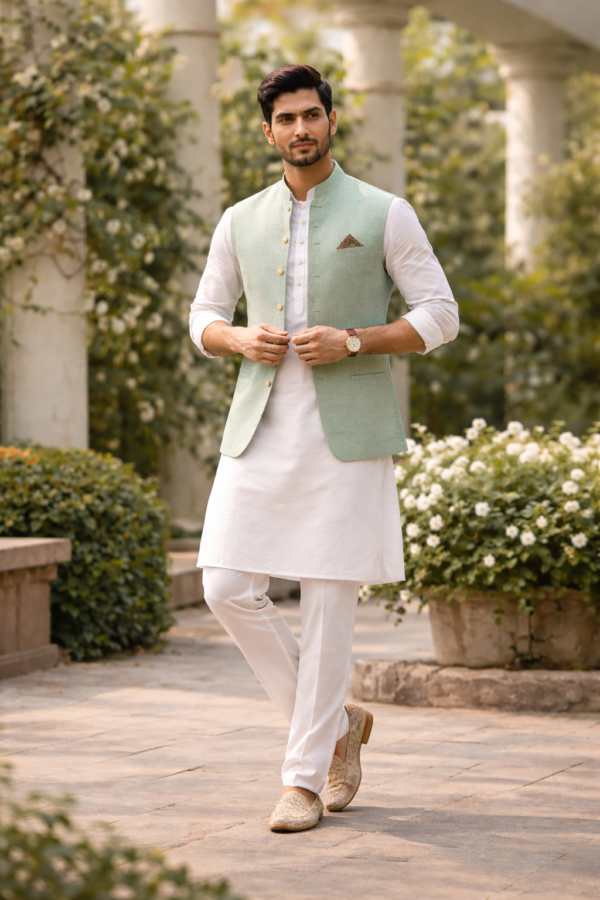 Men’s Mint Green Nehru Jacket – Premium Linen Ethnic Wear for Weddings & Festive Occasions