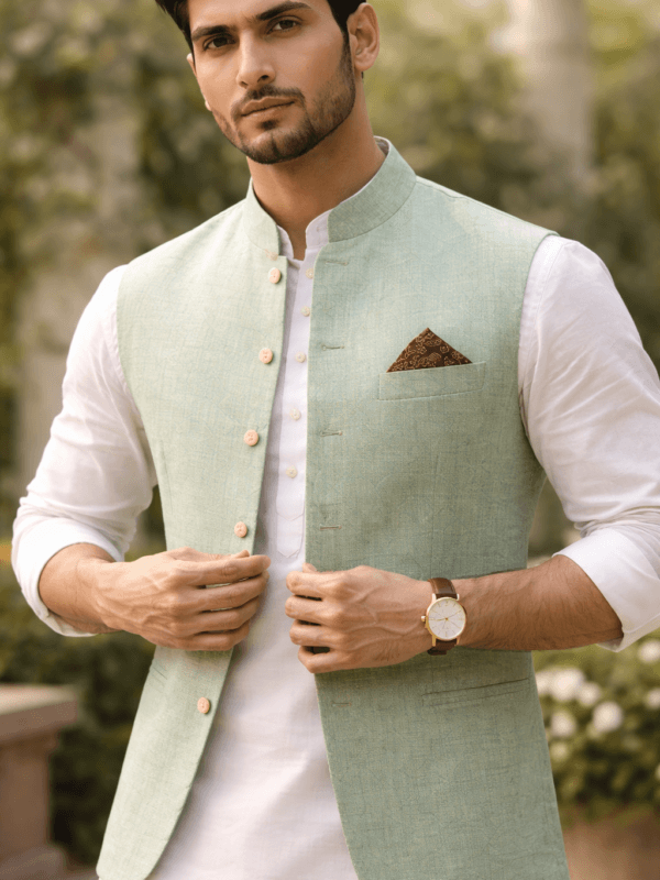 Men’s Mint Green Nehru Jacket – Premium Linen Ethnic Wear for Weddings & Festive Occasions