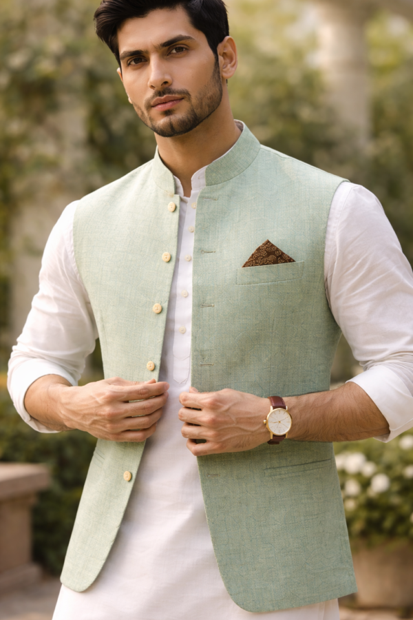 Men’s Mint Green Nehru Jacket – Premium Linen Ethnic Wear for Weddings & Festive Occasions