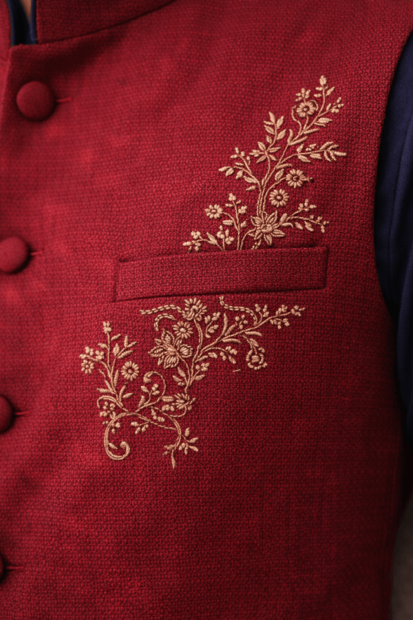 Men’s Maroon Nehru Jacket with Gold Embroidery – Wedding & Festive Ethnic Waistcoat