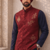 Men’s Maroon Nehru Jacket with Gold Embroidery – Wedding & Festive Ethnic Waistcoat