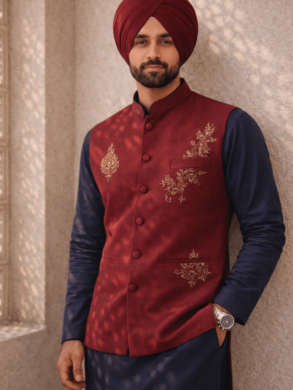 Men’s Maroon Nehru Jacket with Gold Embroidery – Wedding & Festive Ethnic Waistcoat