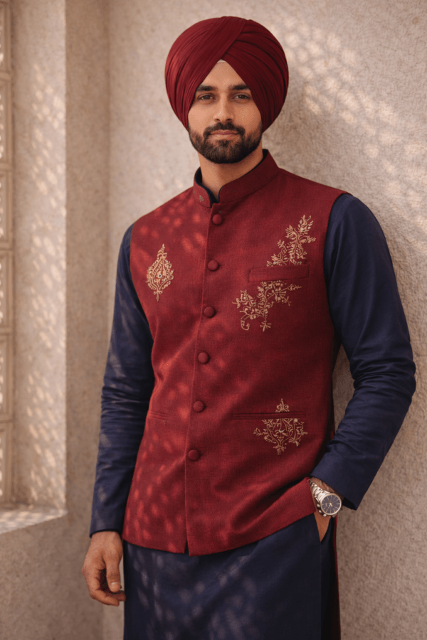 Men’s Maroon Nehru Jacket with Gold Embroidery – Wedding & Festive Ethnic Waistcoat
