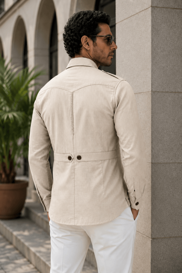 Men's Linen Hunter Shirt – Cream Safari Overshirt, Four Pocket Travel Jacket