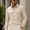 Men's Linen Hunter Shirt – Cream Safari Overshirt, Four Pocket Travel Jacket