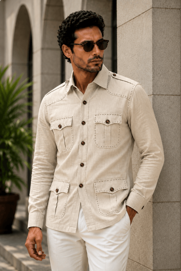 Men's Linen Hunter Shirt – Cream Safari Overshirt, Four Pocket Travel Jacket