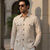 Men's Linen Hunter Shirt – Cream Safari Overshirt, Four Pocket Travel Jacket